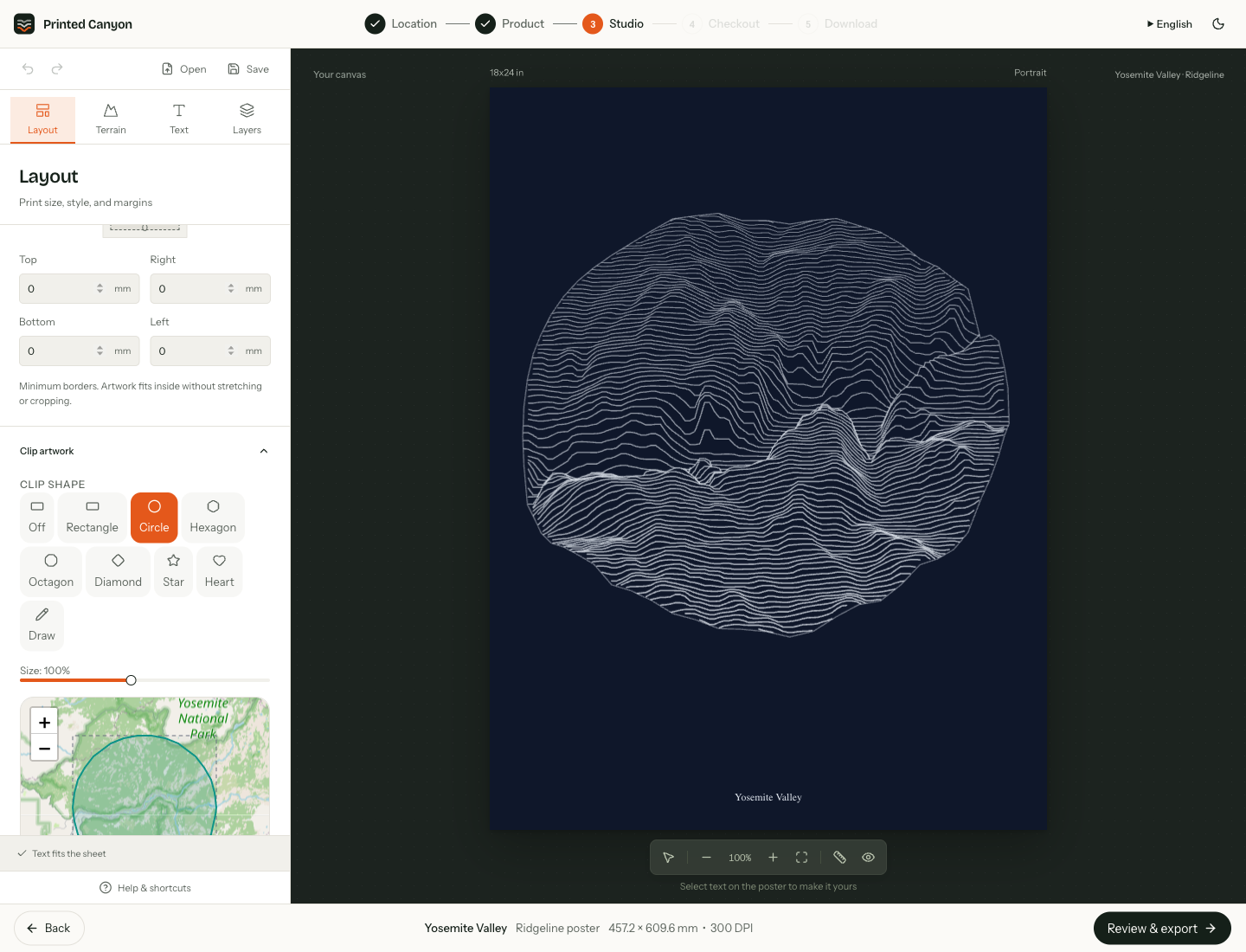 Ridgeline studio with Clip artwork expanded and a circular map-area selection