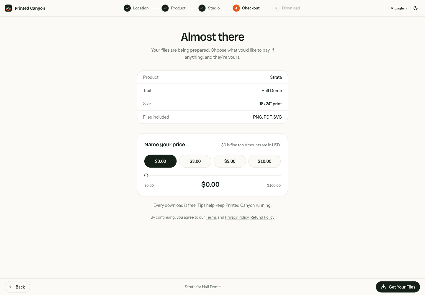 Half Dome checkout showing Strata, an 18x24 inch print, PNG PDF SVG files and the zero dollar option