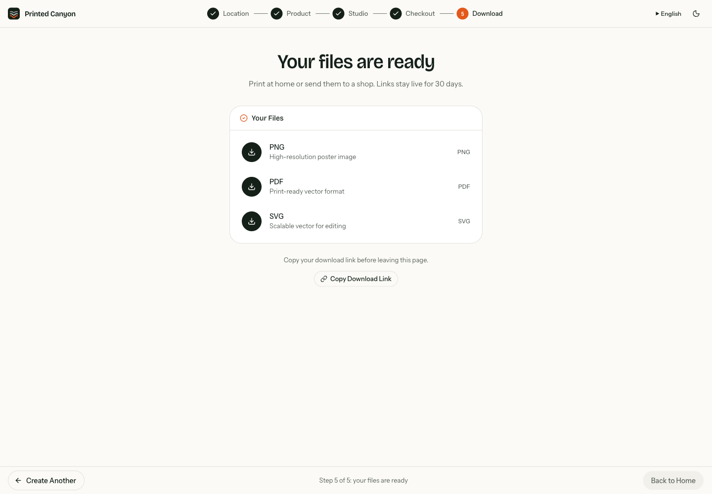 Download screen with PNG, PDF and SVG buttons
