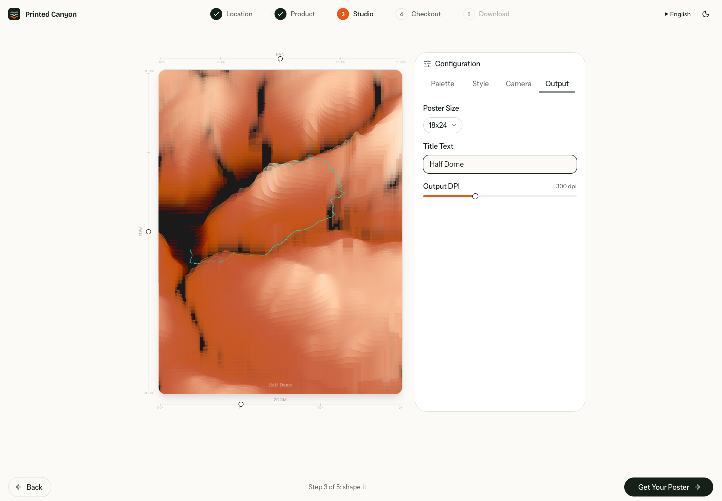 Output settings showing an 18x24 poster, Half Dome title and 300 DPI