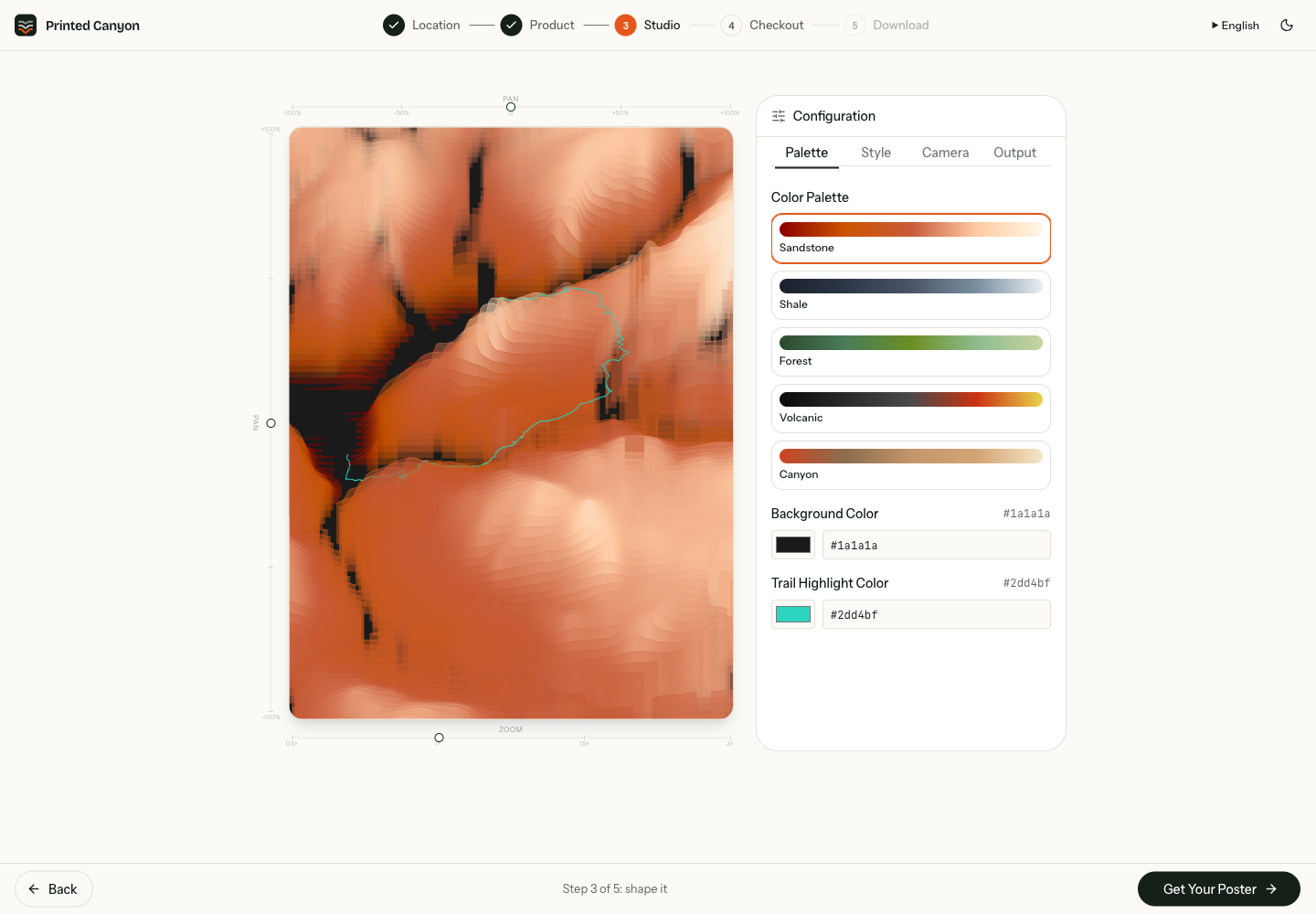 Half Dome Strata studio with Sandstone selected and background and trail color controls