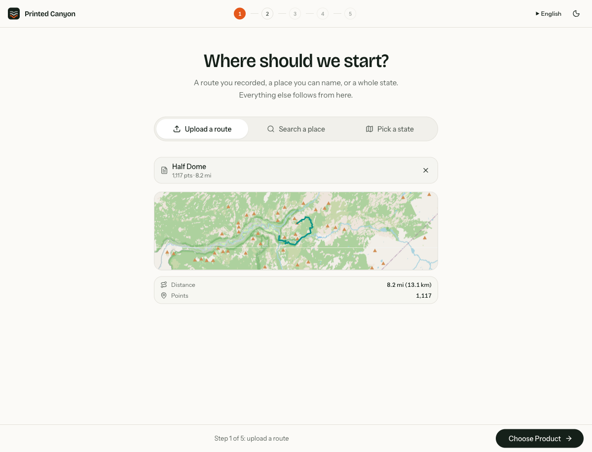 Successful Half Dome GPX upload showing its route, distance and 1,117 points