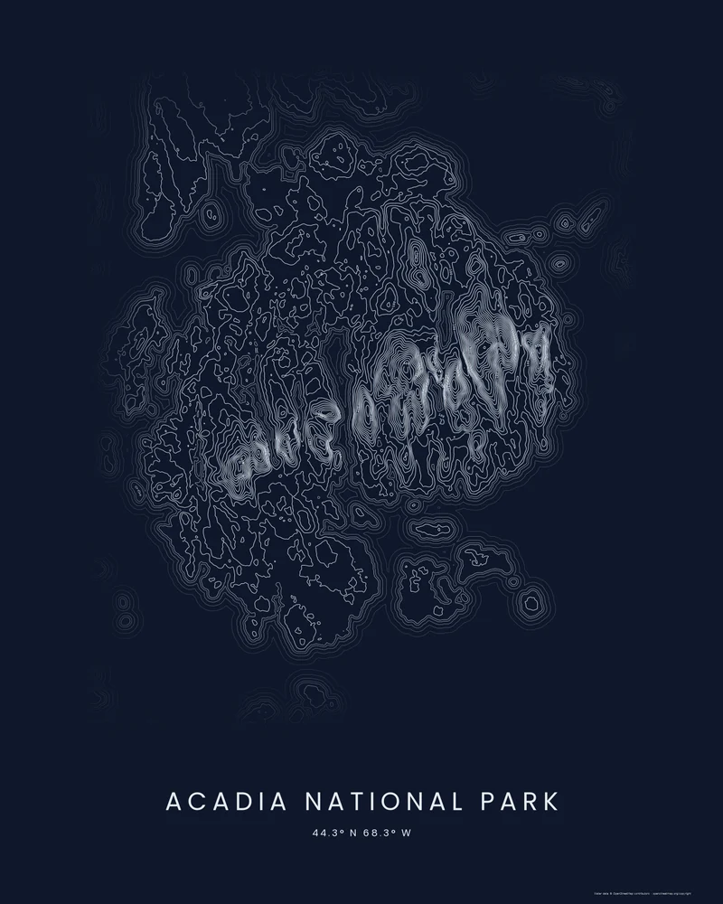 Acadia National Park rendered as a Contours poster, Mount Desert Island's mountains as a chain of bright rings