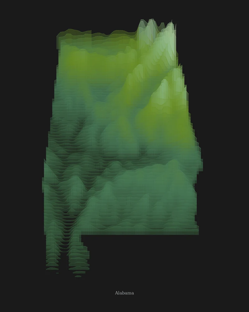 Alabama state outline rendered as a Strata poster with pale green ridges in the northeast