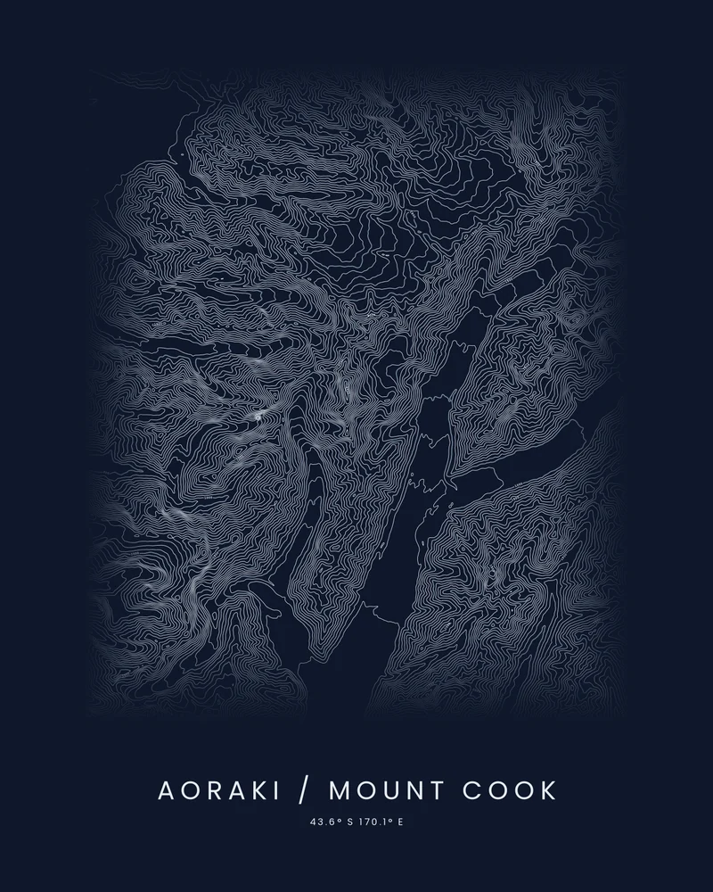 Aoraki / Mount Cook rendered as a Contours poster, crowded lines along the Southern Alps and open glacier valleys