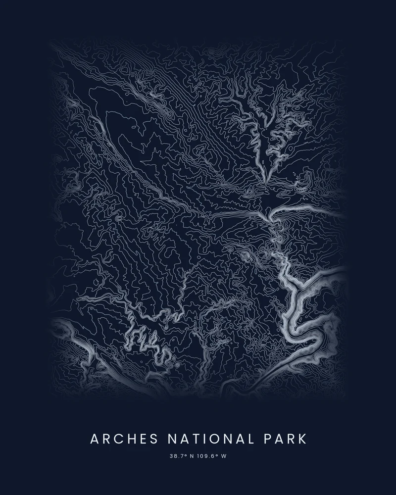 Arches National Park rendered as a Contours poster, the Colorado River a bright channel through fine lines
