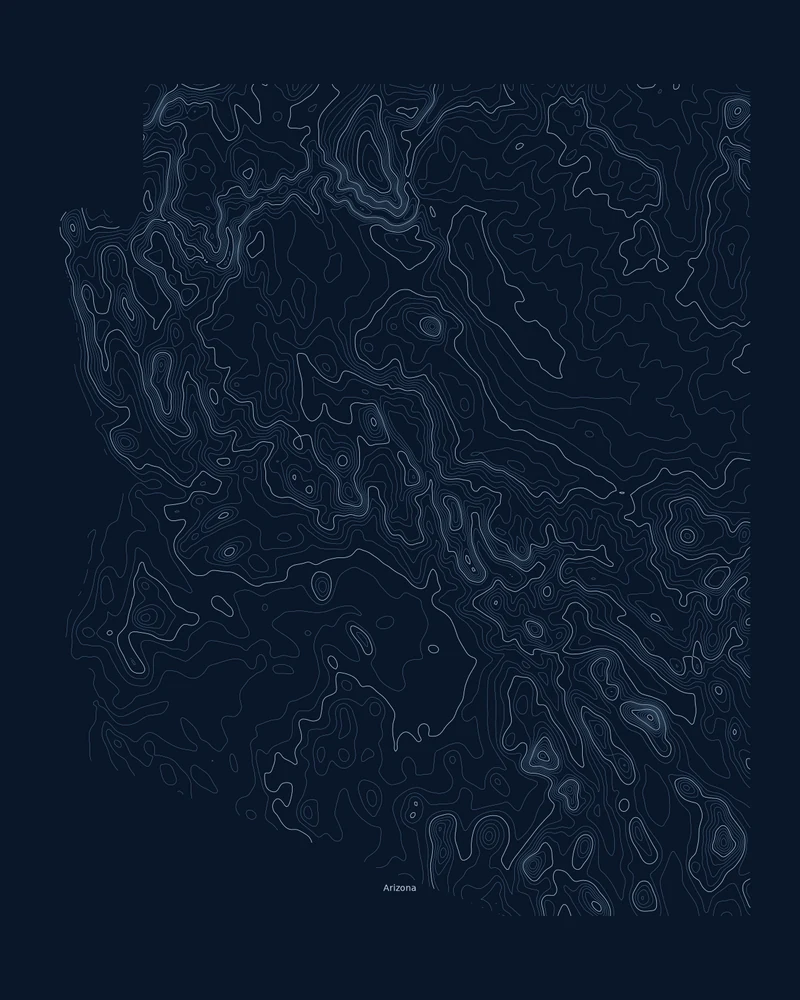 Arizona state outline rendered as a Contours poster with dense lines around its canyons and mountain ranges