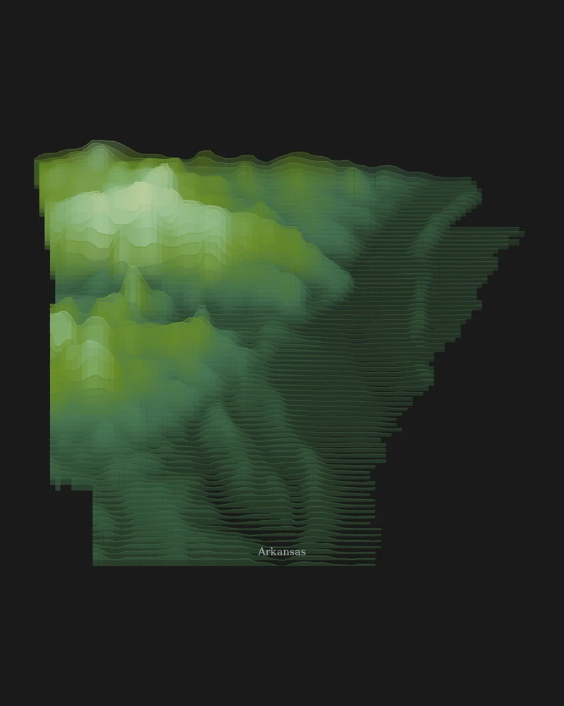 Arkansas state outline rendered as a Strata poster with pale green highlands in the northwest
