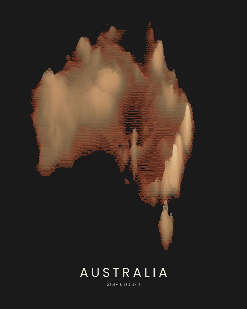 Australia rendered as a Strata poster, the eastern ranges and Tasmania in light elevation bands above the low interior