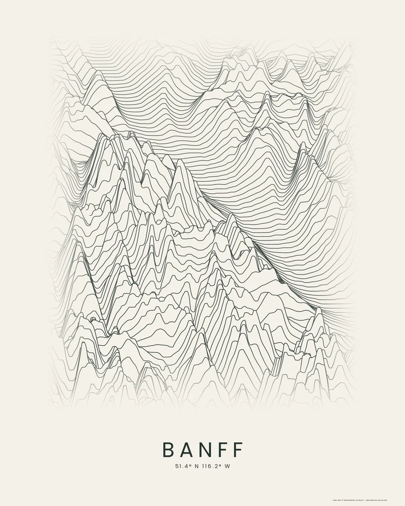 Banff National Park around Lake Louise rendered as a Ridgeline poster of stacked elevation profiles