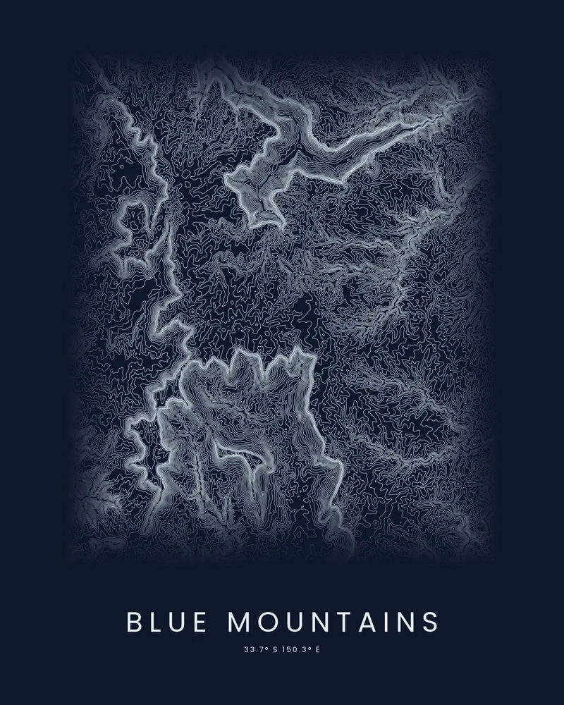 The Blue Mountains rendered as a Contours poster, tight bands of lines along the valley cliffs