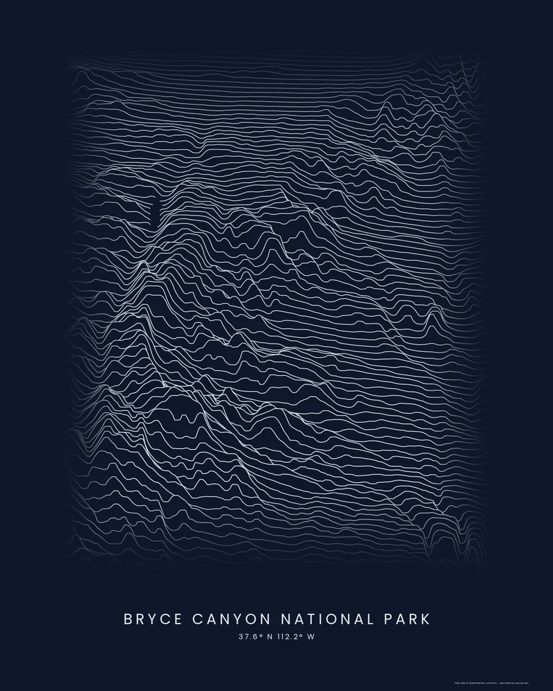 Bryce Canyon National Park rendered as a Ridgeline poster, calm plateau lines breaking where the rim drops away