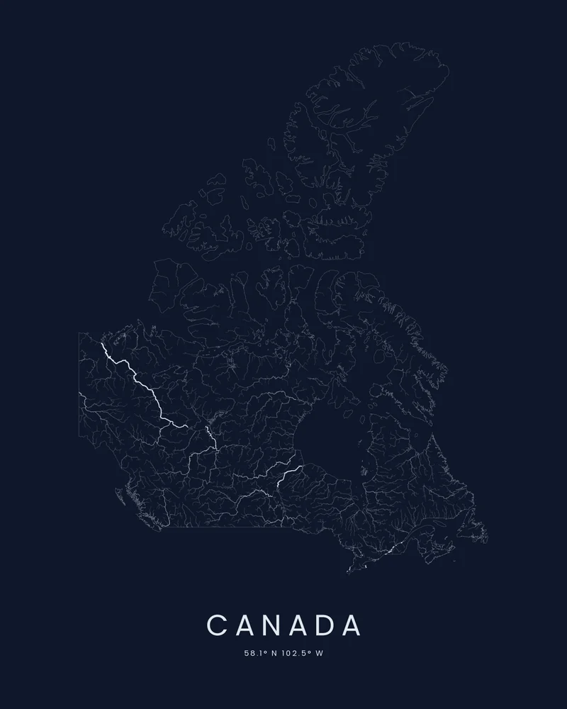 Canada rendered as a Watershed poster, rivers traced from the Rockies to Hudson Bay and the Arctic islands
