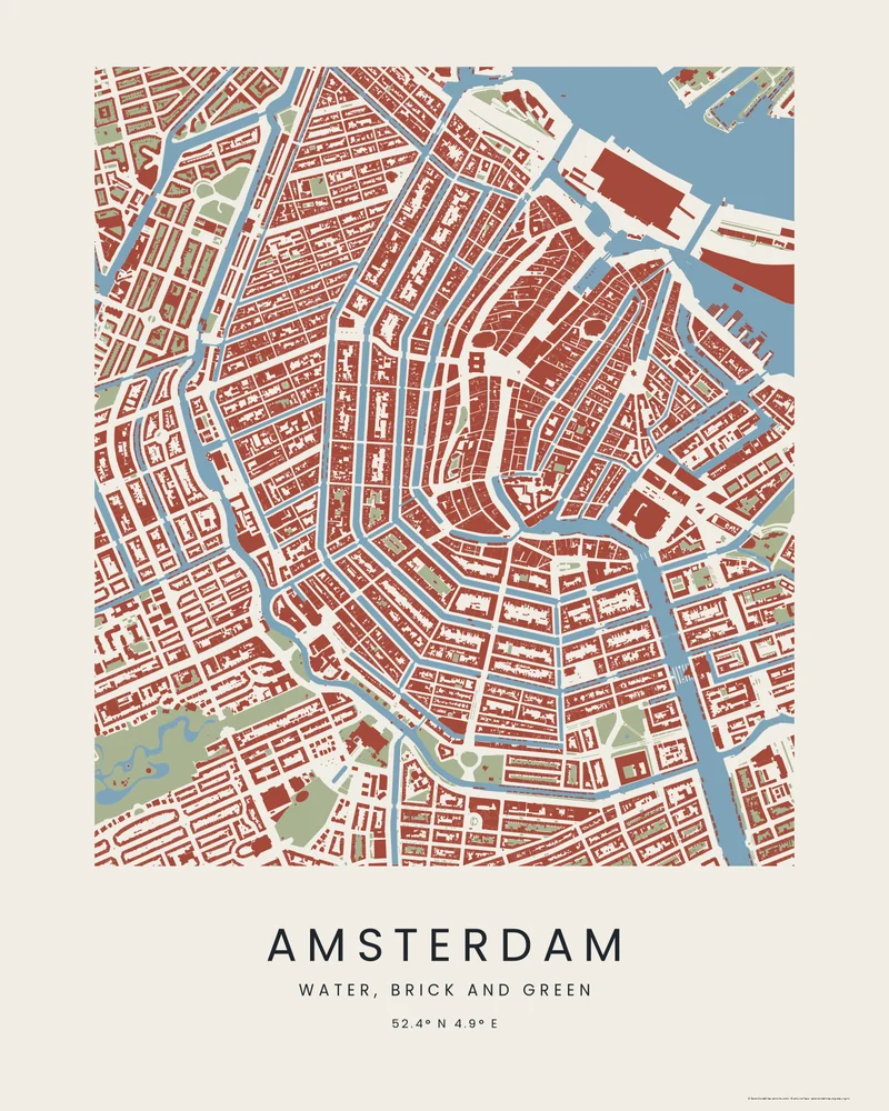Amsterdams Grachtengürtel als Stadt-Poster im Stil Lavur, blaue Grachten zwischen Backsteinhäusern
