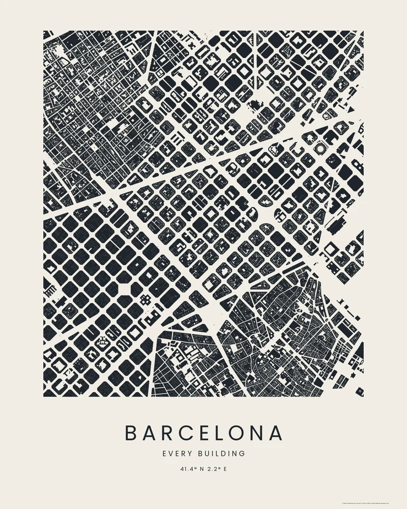 Barcelonas Eixample als Stadt-Poster im Stil Grundrisse, jedes Gebäude in dunkler Tinte