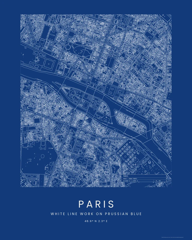 Das Zentrum von Paris als Stadt-Poster im Stil Blaupause, weiße Linien auf Blau