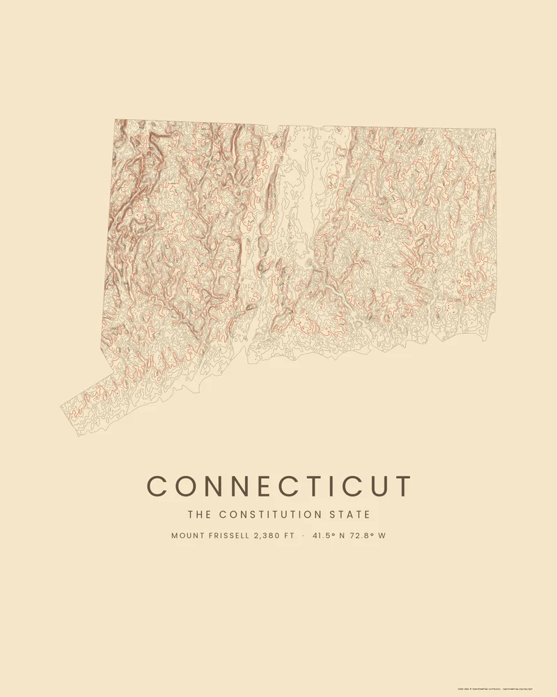 Connecticut state outline rendered as a Contours poster with dense rings in the western hills