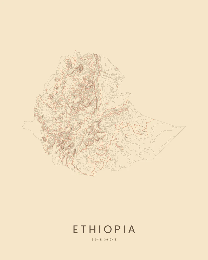Ethiopia rendered as a Contours poster, dense lines over the highlands and open lowlands to the east