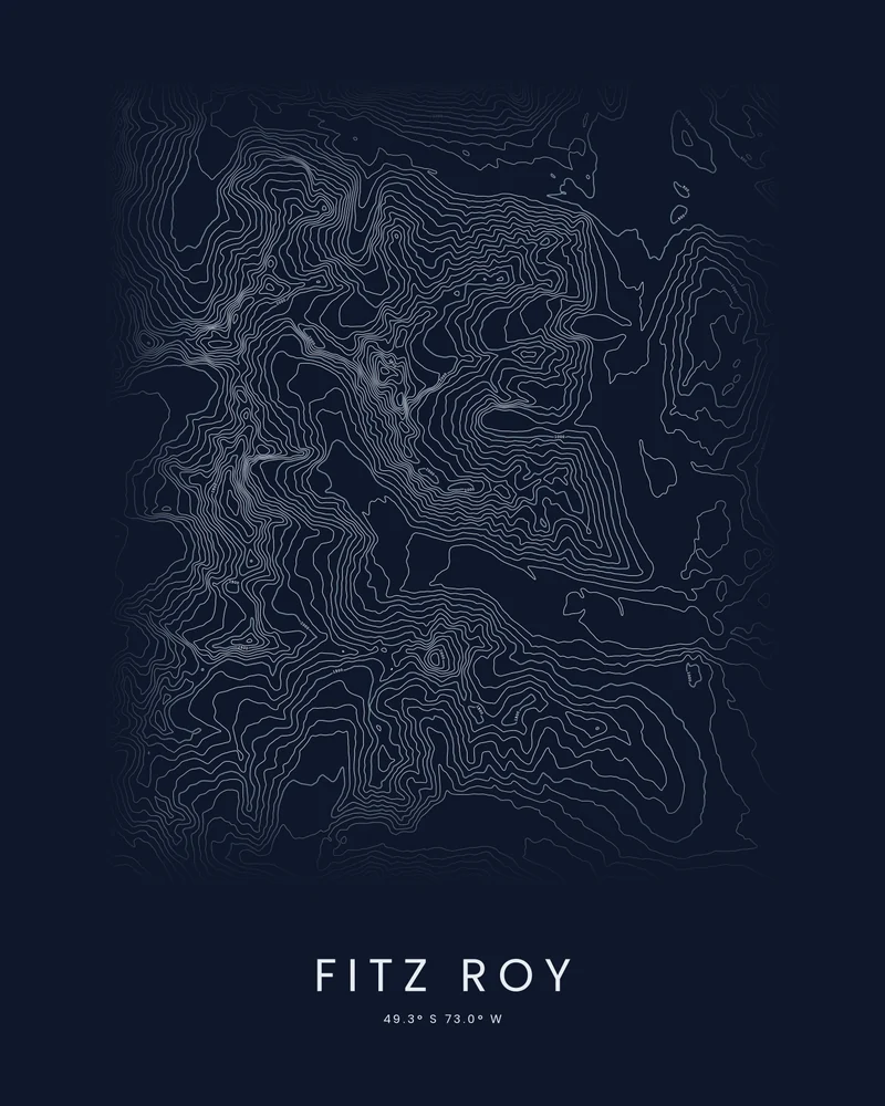Fitz Roy rendered as a Contours poster, tight contour lines around the granite spires