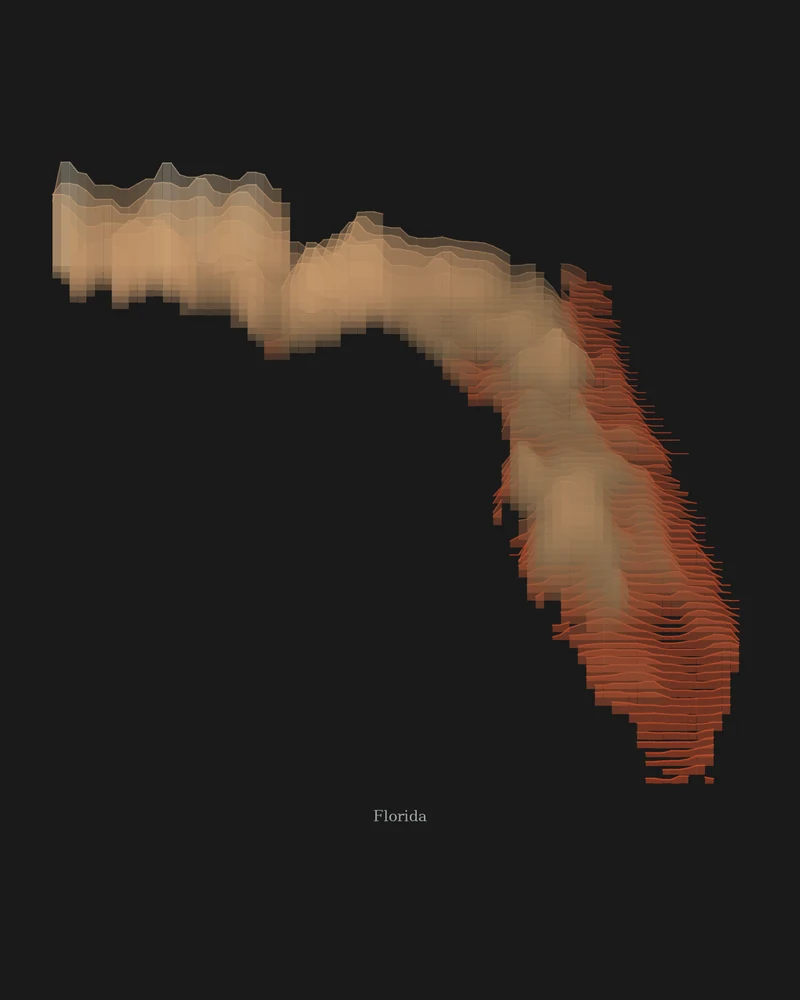 Florida state outline rendered as a Strata poster, pale in the north and deep red in the south