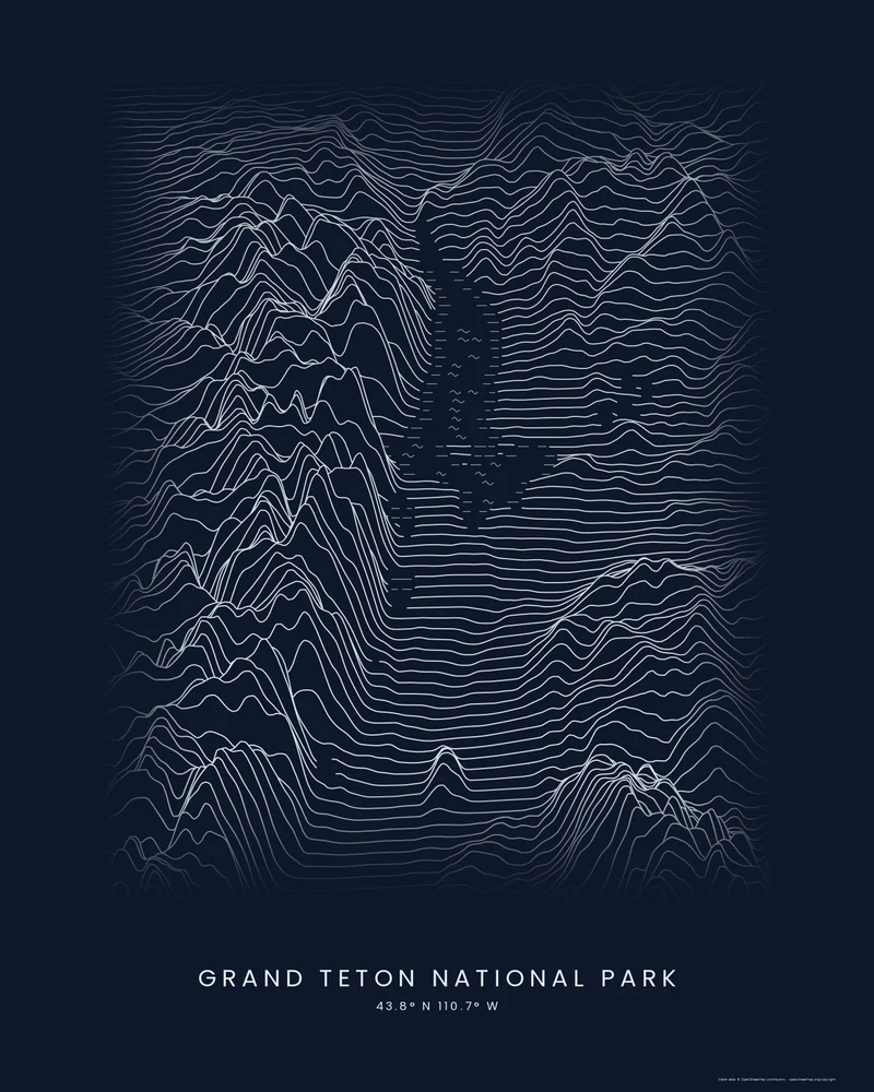 Grand Teton National Park rendered as a Ridgeline poster, the Teton Range rising beside the flat lines of Jackson Hole