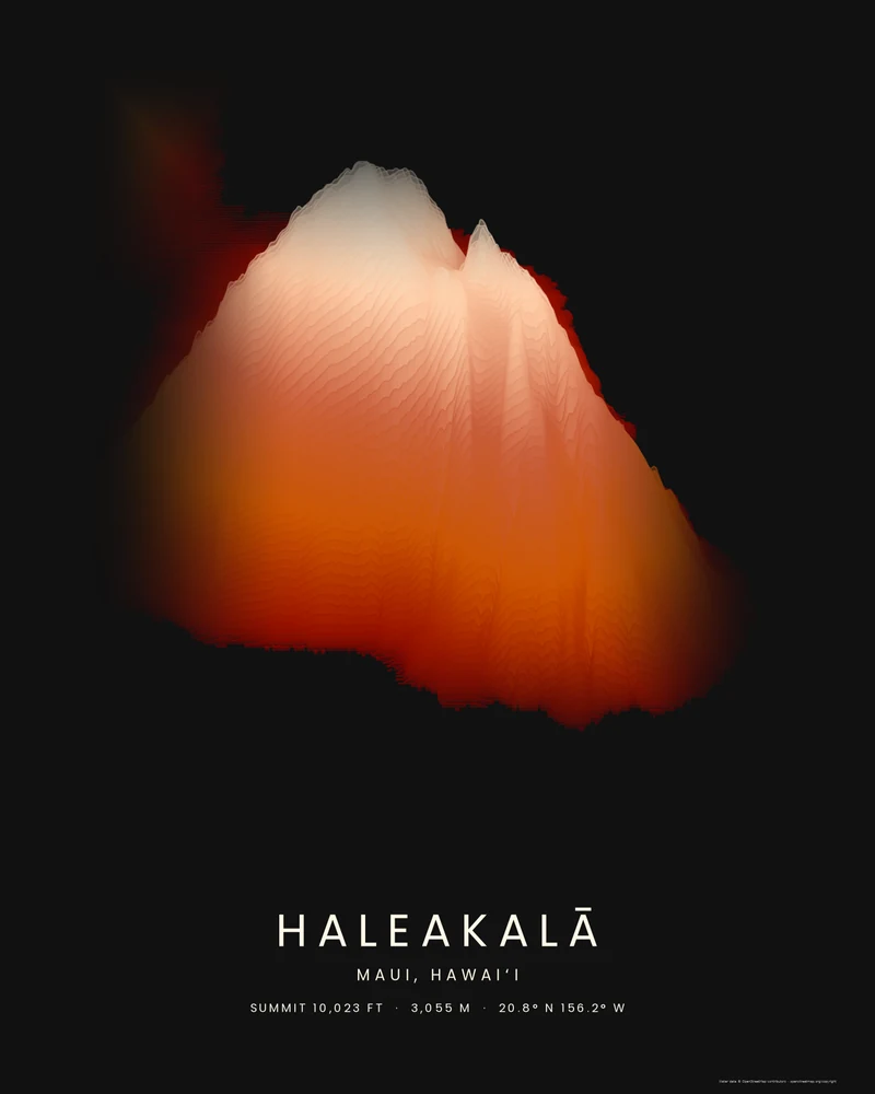 Haleakalā rendered as a Strata poster, East Maui rising in rust and sandstone bands to a pale summit
