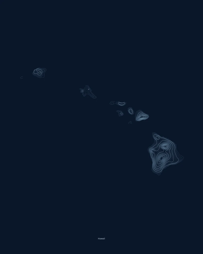 Hawaii's main islands rendered as a Contours poster, with the largest rings on the Island of Hawaiʻi