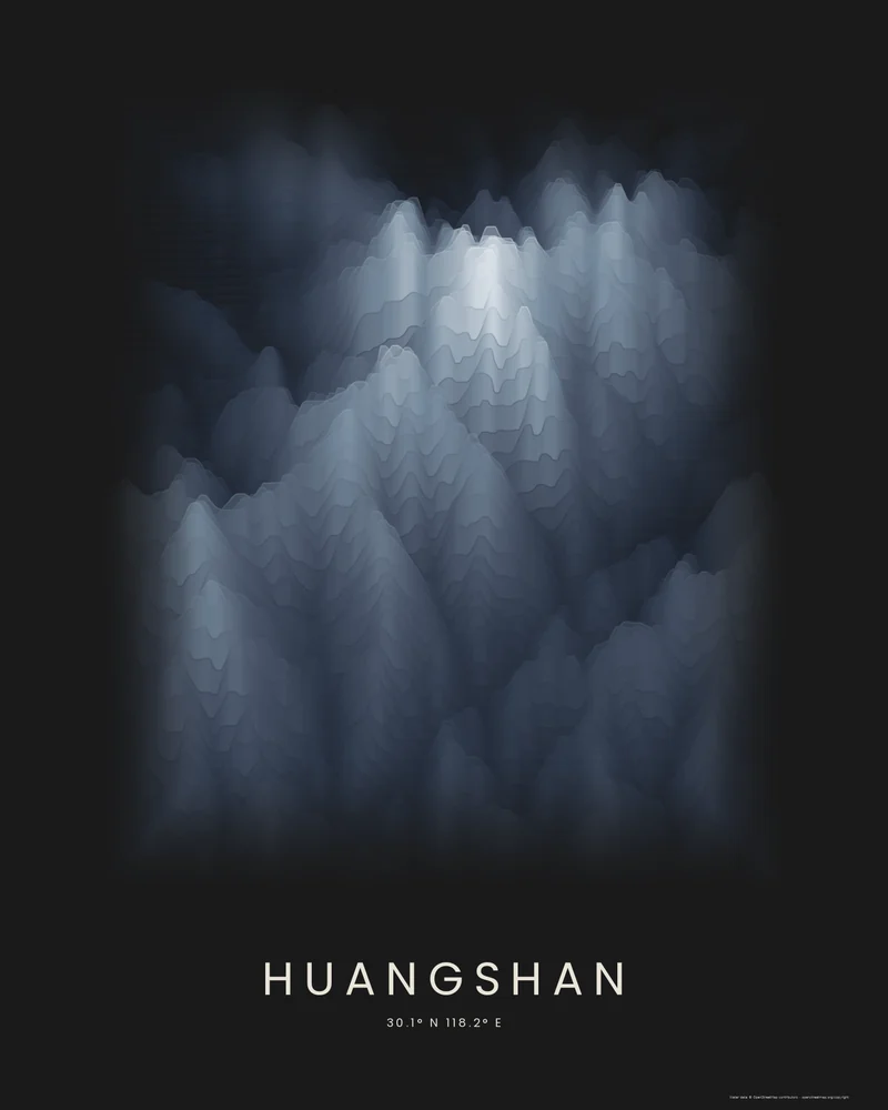Huangshan rendered as a Strata poster, granite peaks clustered in light elevation bands