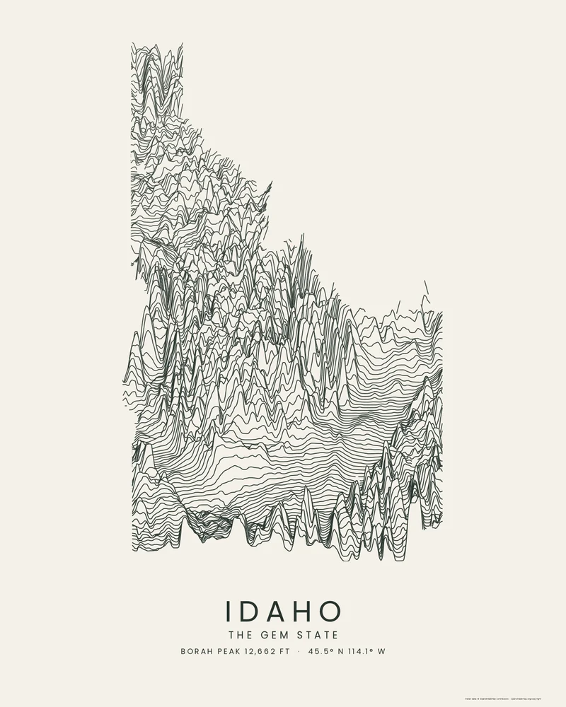 Idaho state outline rendered as a Ridgeline poster, steep crests in the north and center above the flat Snake River Plain