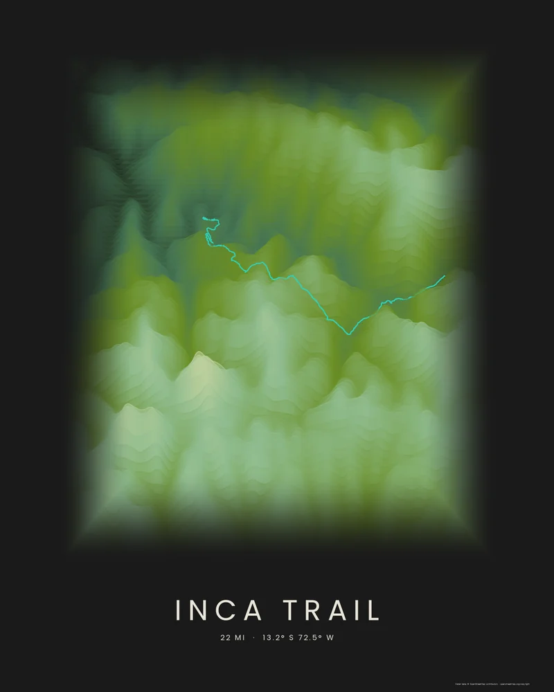 The Inca Trail highlighted on a Strata poster, climbing over the passes to Machu Picchu