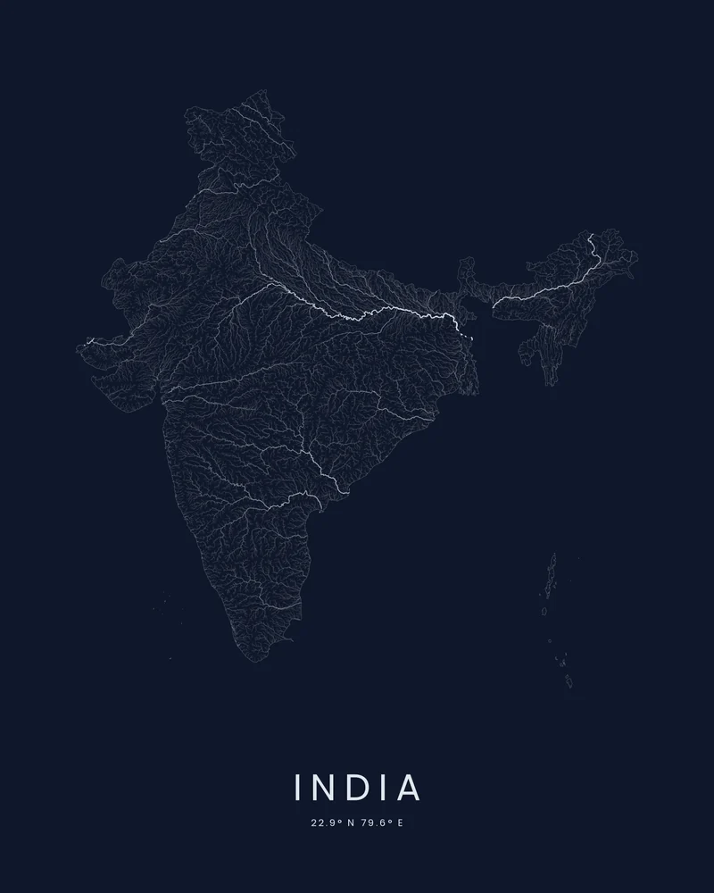 India rendered as a Watershed poster, Himalayan rivers across the north and a dense river network on the peninsula