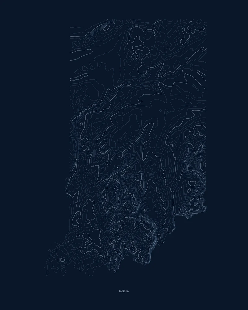 Indiana state outline rendered as a Contours poster, open across the north and dense in the southern hills