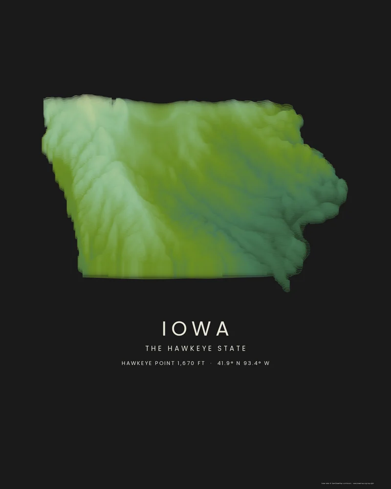 Iowa state outline rendered as a Strata poster in greens, pale in the northwest and darker toward the southeast