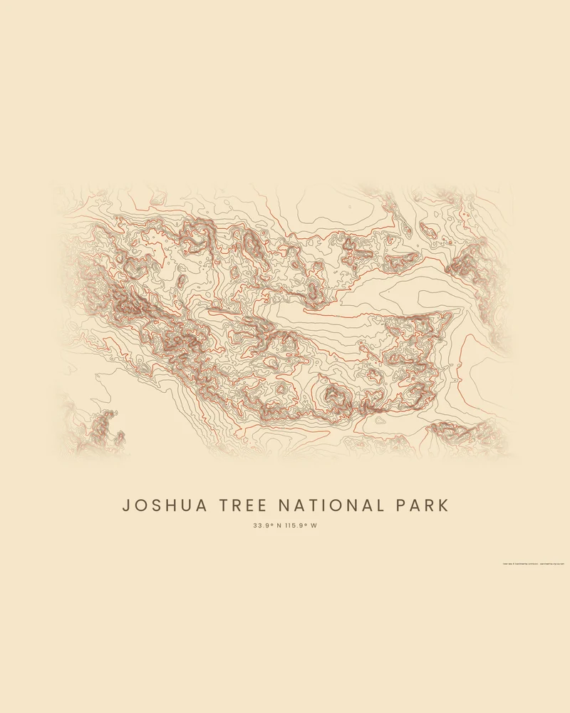 Joshua Tree National Park rendered as a Contours poster, knots of rings over desert ranges across a wide sheet