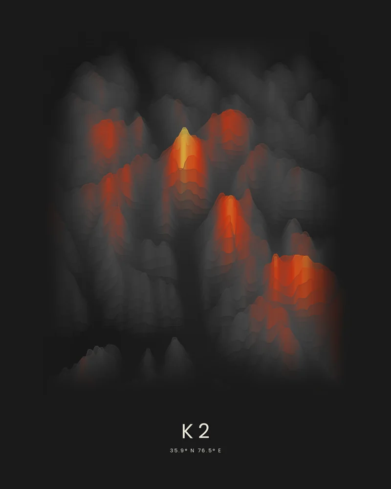 K2 rendered as a Strata poster, the summit pyramid rising in the lightest elevation bands