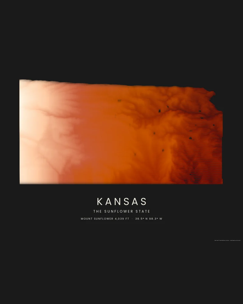 Kansas state outline rendered as a Strata poster, pale sandstone bands in the west deepening to orange in the east