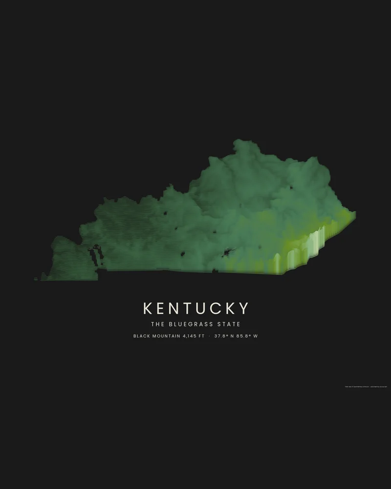 Kentucky state outline rendered as a Strata poster in greens, the Appalachian ridges pale along the southeast