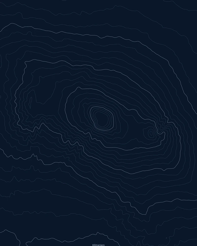 Kilimanjaro rendered as a Contours poster with rings around Kibo and a smaller cluster at Mawenzi