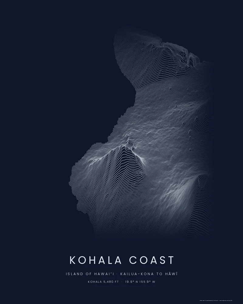 Kohala Coast rendered as a Ridgeline poster, stacked profiles ending at the leeward shore below the Kohala Mountains