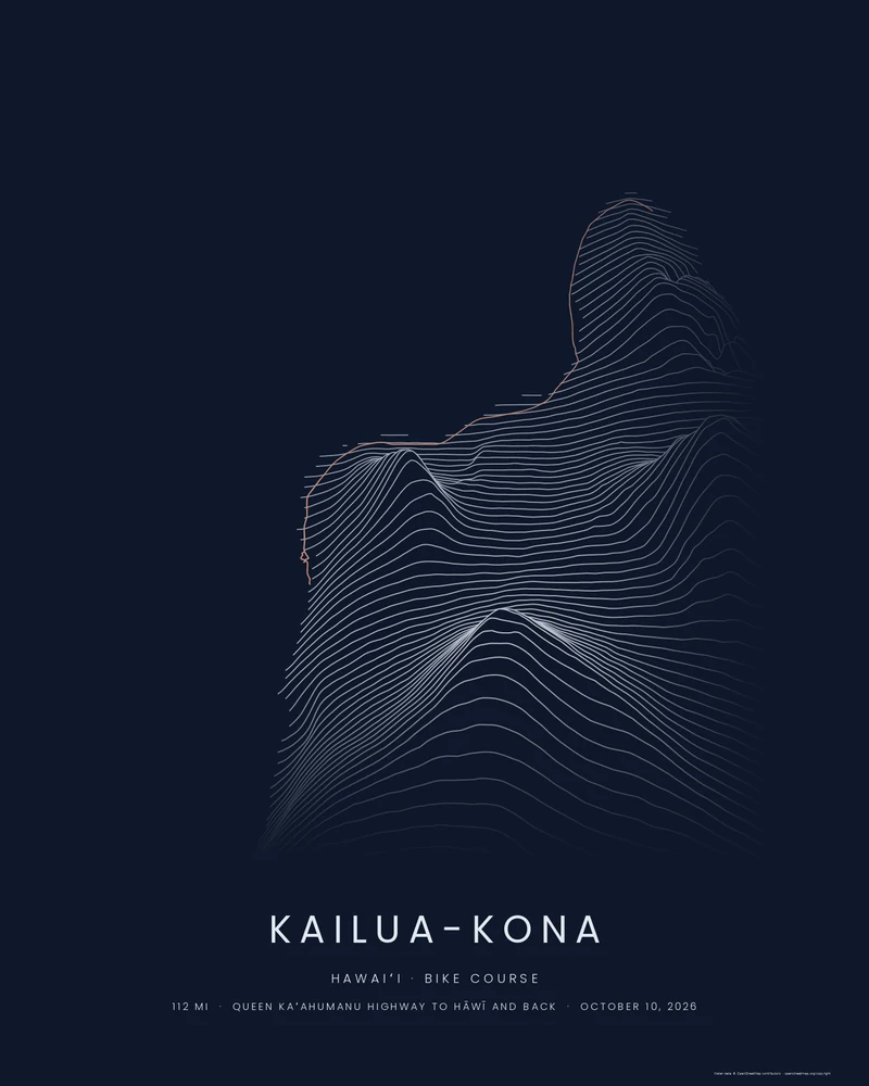 The Kona bike course as a Ridgeline poster: the Queen Kaʻahumanu Highway route north to Hāwī set into elevation lines of the Big Island's west coast