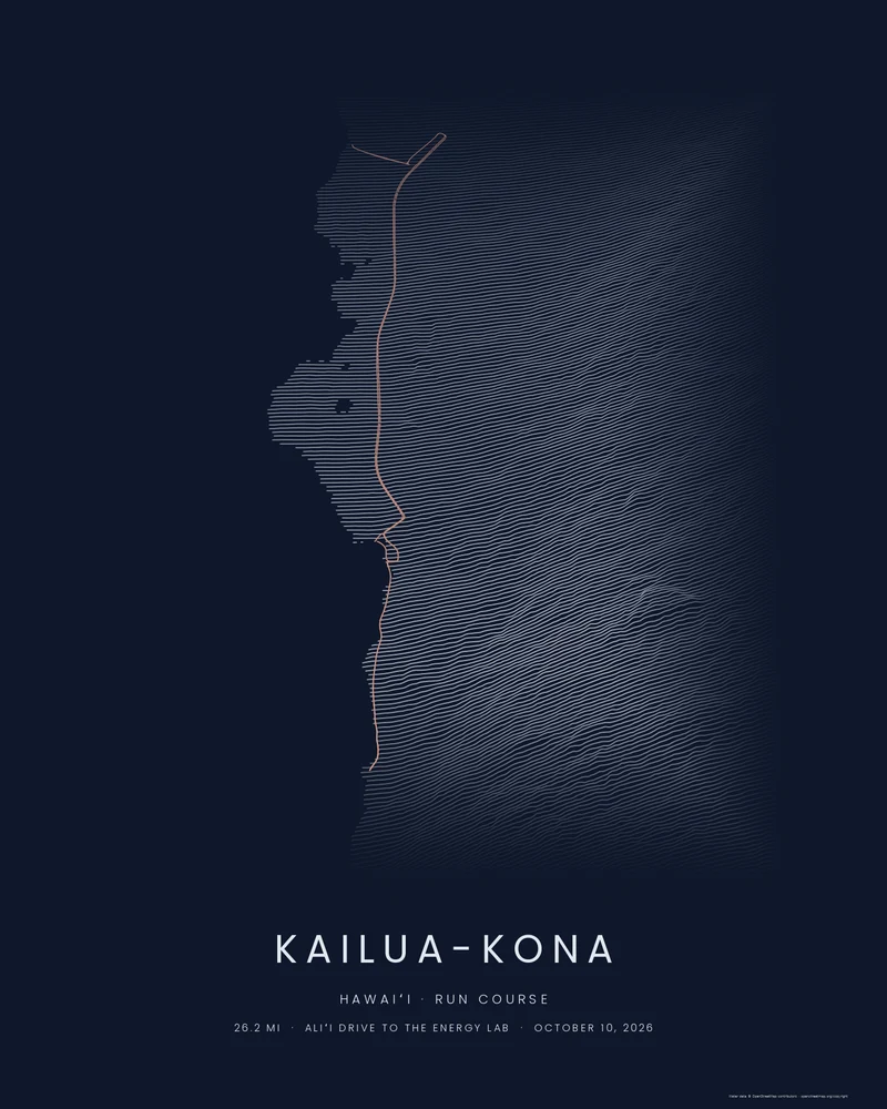 The Kona run course as a Ridgeline poster: the Aliʻi Drive and Energy Lab out-and-backs highlighted over elevation lines of Kailua-Kona