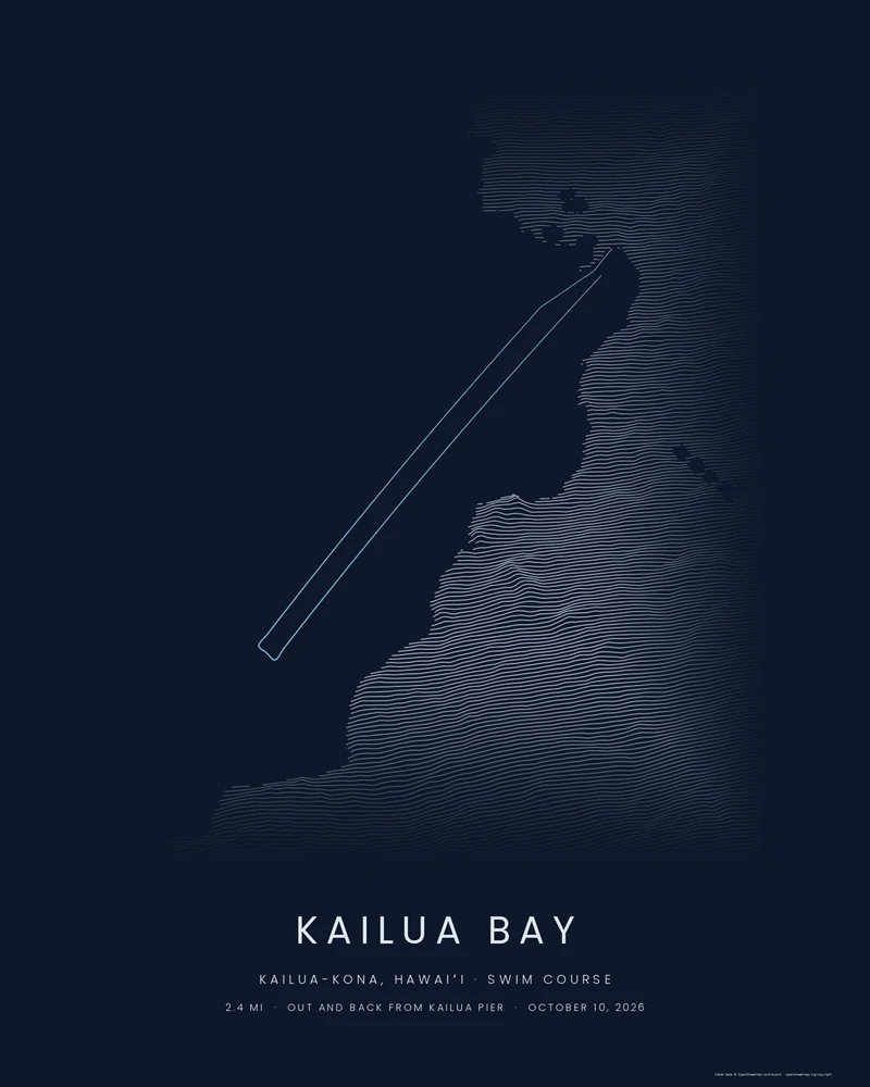 The Kona swim course as a Ridgeline poster: a narrow loop across Kailua Bay beside the elevation lines of Kailua-Kona