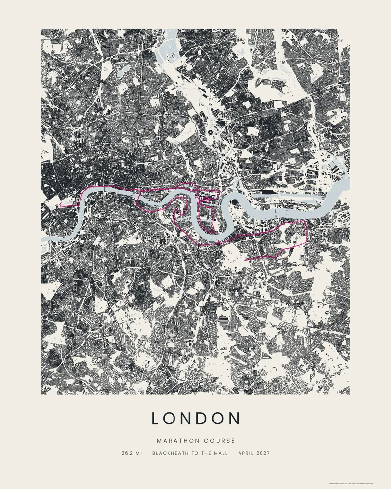 The London Marathon course as a Footprints City poster: every building in London in ink, the 26.2-mile course in magenta along the Thames from Blackheath to The Mall