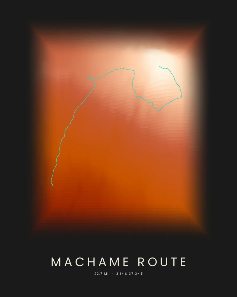 The Machame Route highlighted on a Strata poster of Kilimanjaro, climbing to the summit of Kibo