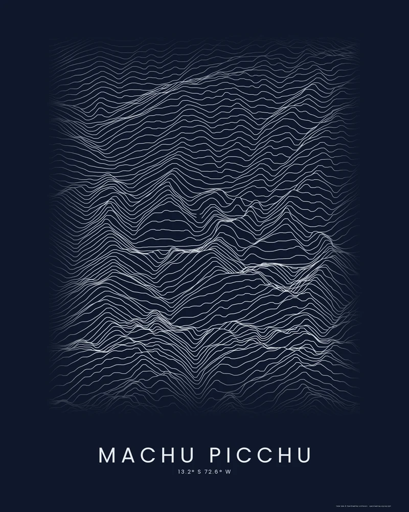Machu Picchu rendered as a Ridgeline poster, steep Andean crests above the Urubamba gorge
