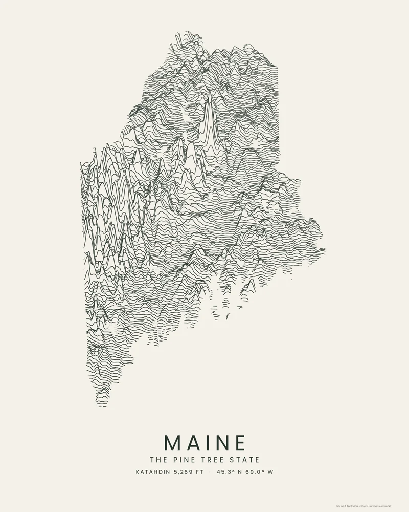 Maine state outline rendered as a Ridgeline poster with tall crests around Katahdin and a ragged coast