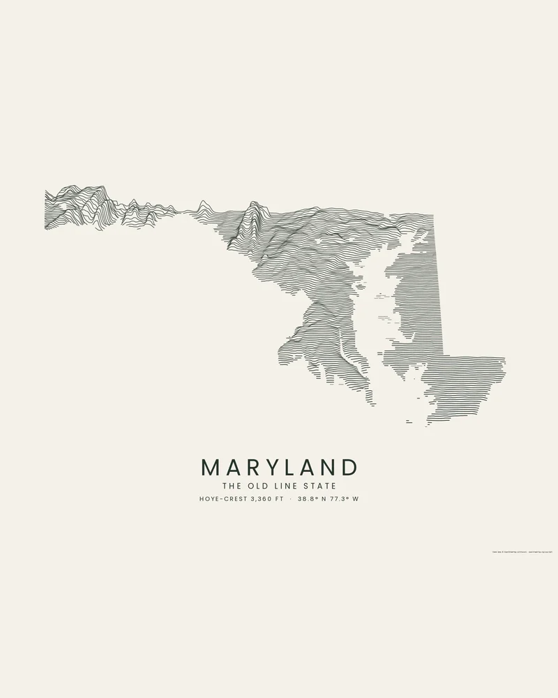 Maryland state outline rendered as a Ridgeline poster, sharp crests in the west and Chesapeake Bay cut into flat lines
