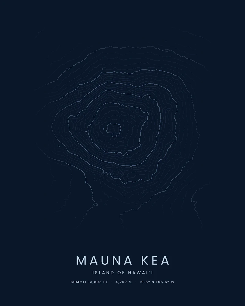 Mauna Kea rendered as a Contours poster, a small knot of summit rings inside wide rings across its slopes