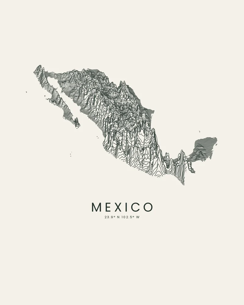 Mexico rendered as a Ridgeline poster, the Sierra Madre ranges rising in stacked elevation profiles