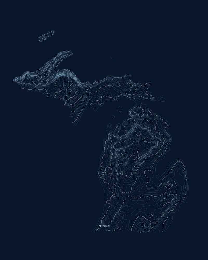 Michigan's Upper and Lower Peninsulas rendered as a Contours poster with topographic lines